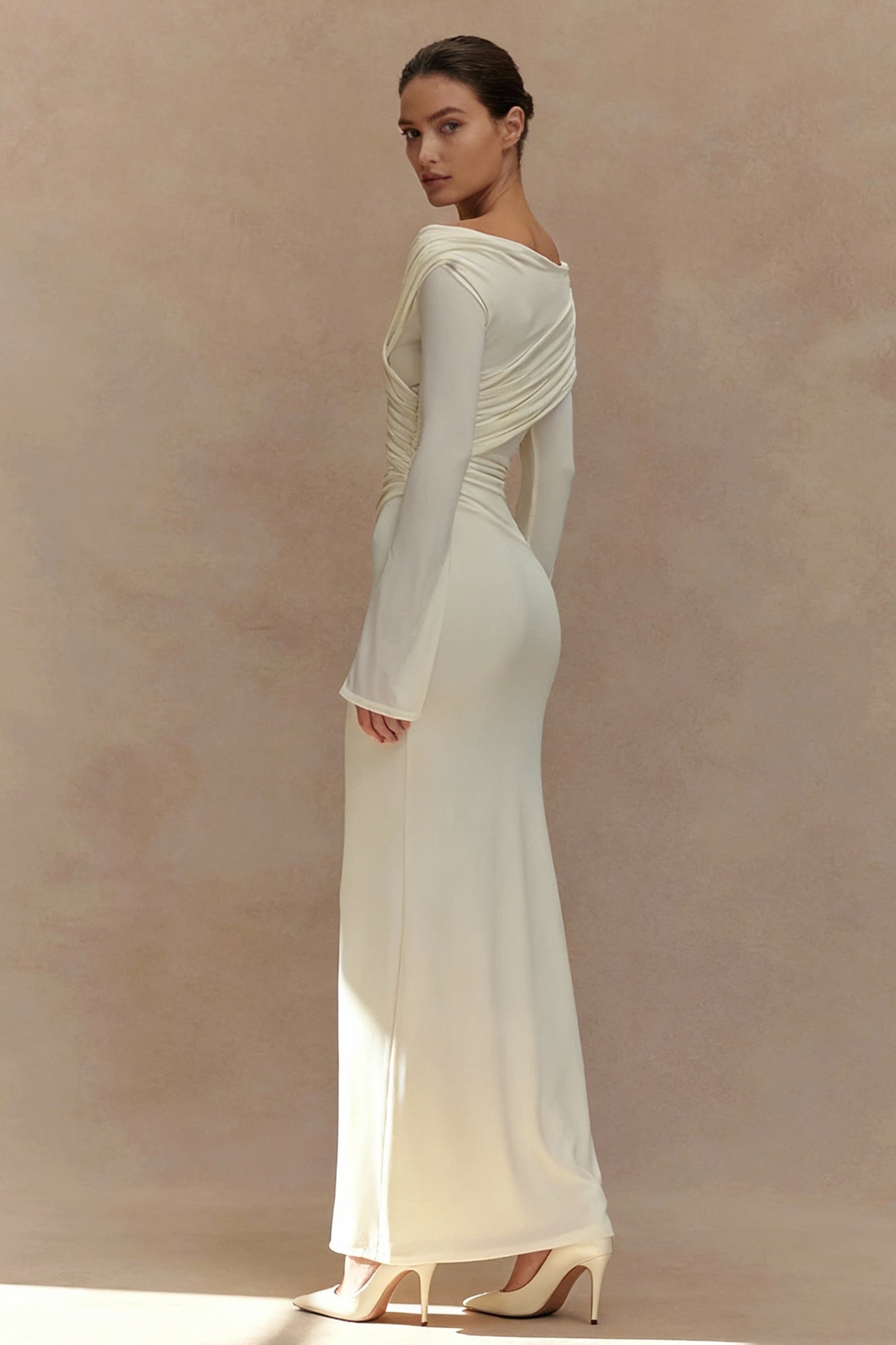 V Neck Long Long-Sleeved Ruched High Waist Maxi Dress
