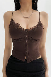 Lace Trim Padded Front Button Cami Top