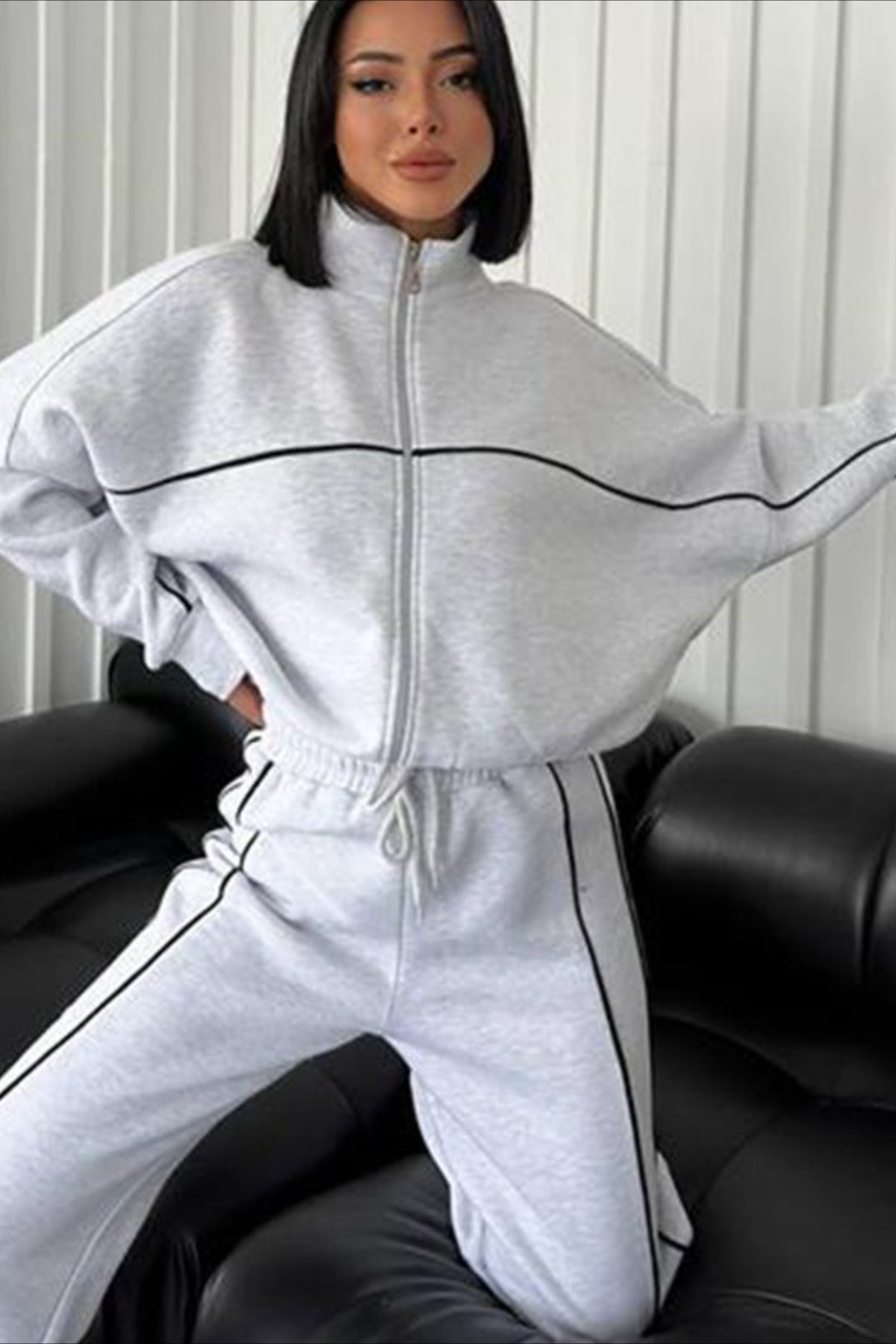 Stand Collar Contrast Piping Zip Jacket and Drawstring Wide Leg Pants Two Piece Set 4