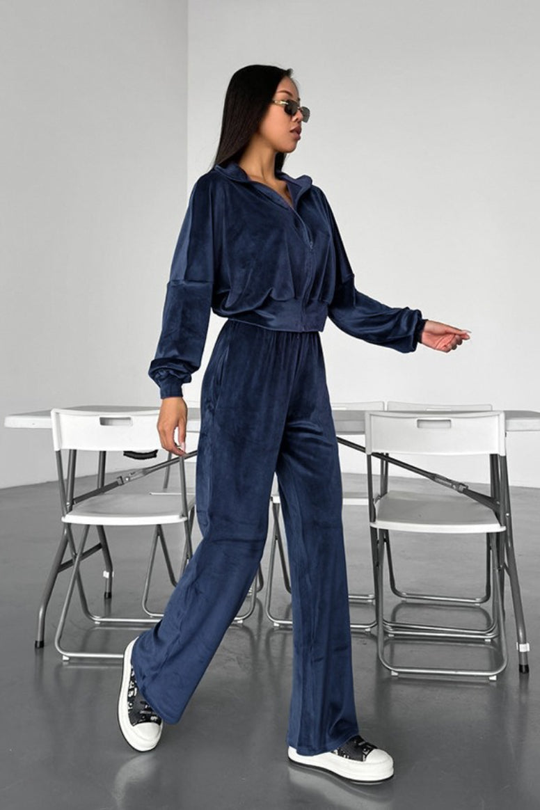 Velour Collared Zip Front Jacket and Wide Leg Pants Two Piece Set