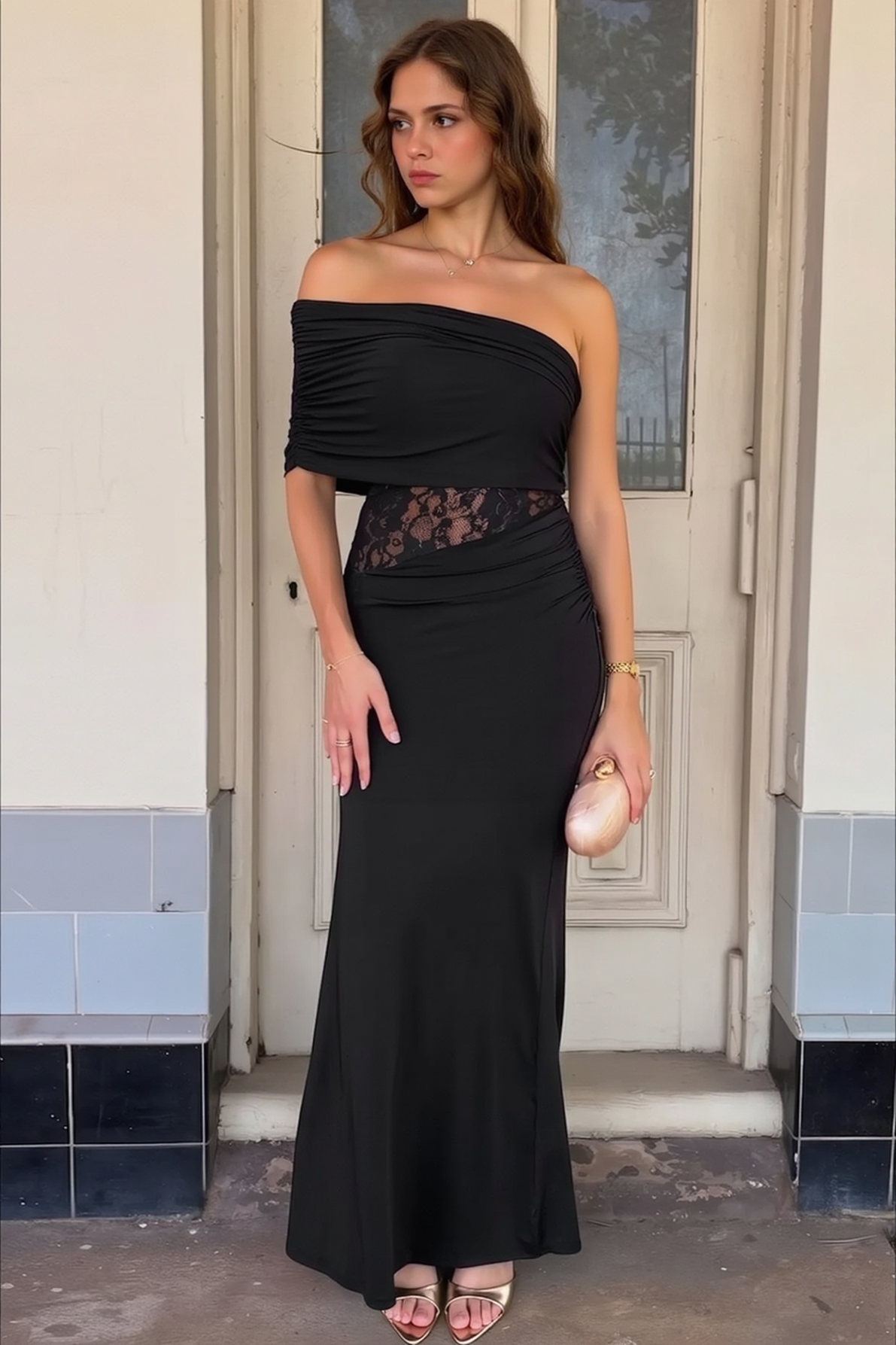 One Shoulder Ruched Waist Cinch Maxi Slim Bodycon Dress