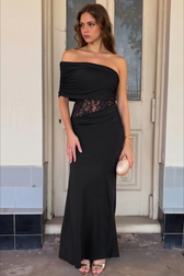 One Shoulder Ruched Waist Cinch Maxi Slim Bodycon Dress