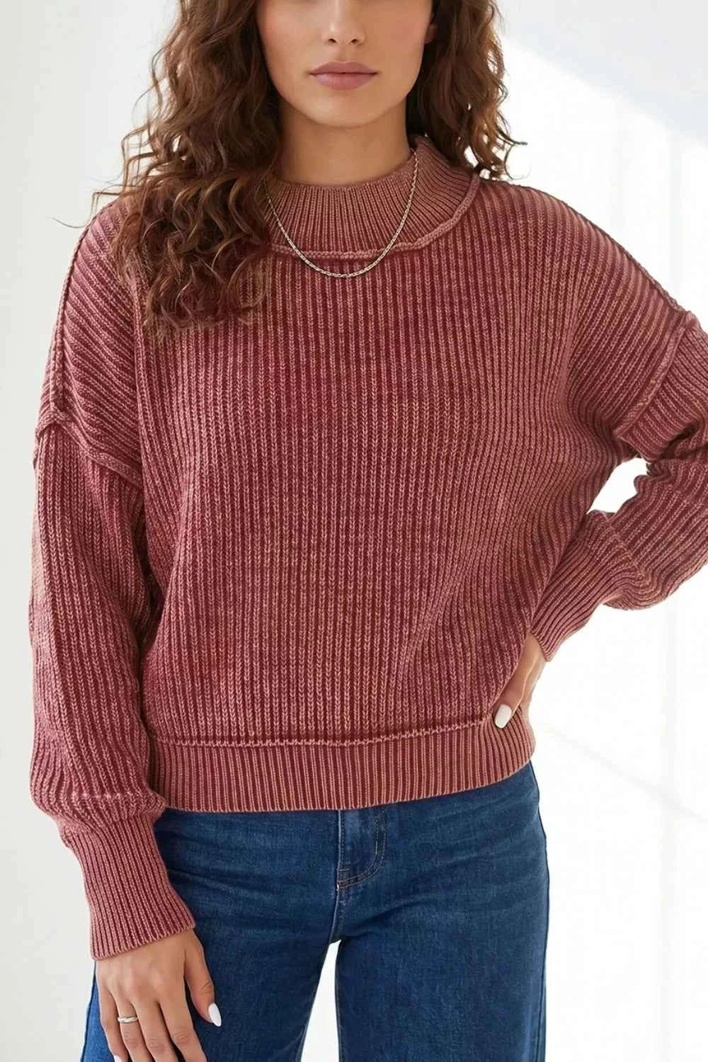Mock Neck Drop Shoulder Exposed Seam Ribbed Knit Sweater