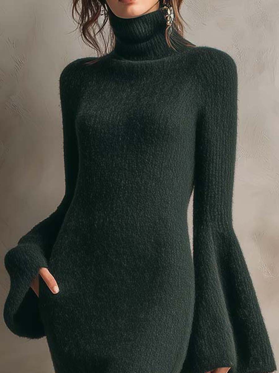 High-Neck Flare-Sleeve Knit Maxi Dress – Deep Forest Green