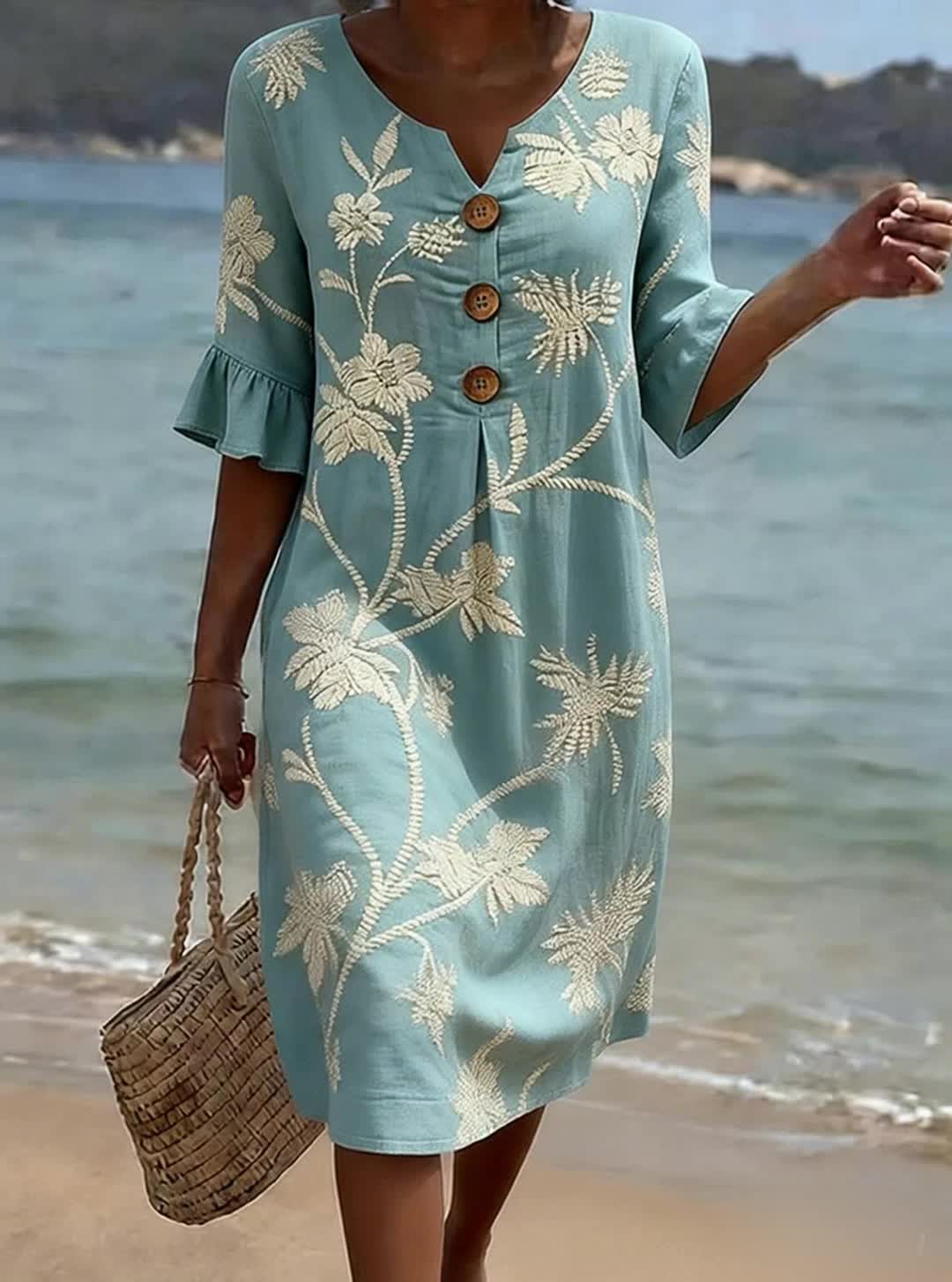 Floral Embroidered Button Front Ruffle Sleeve Midi Dress