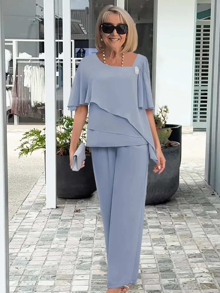 Chiffon Layered Overlay Top and Pants Two Piece Set