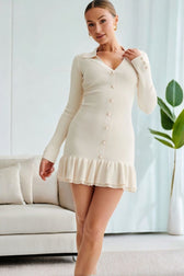 Pearl Button Ruffled Collar Knit Sweater Dress 7