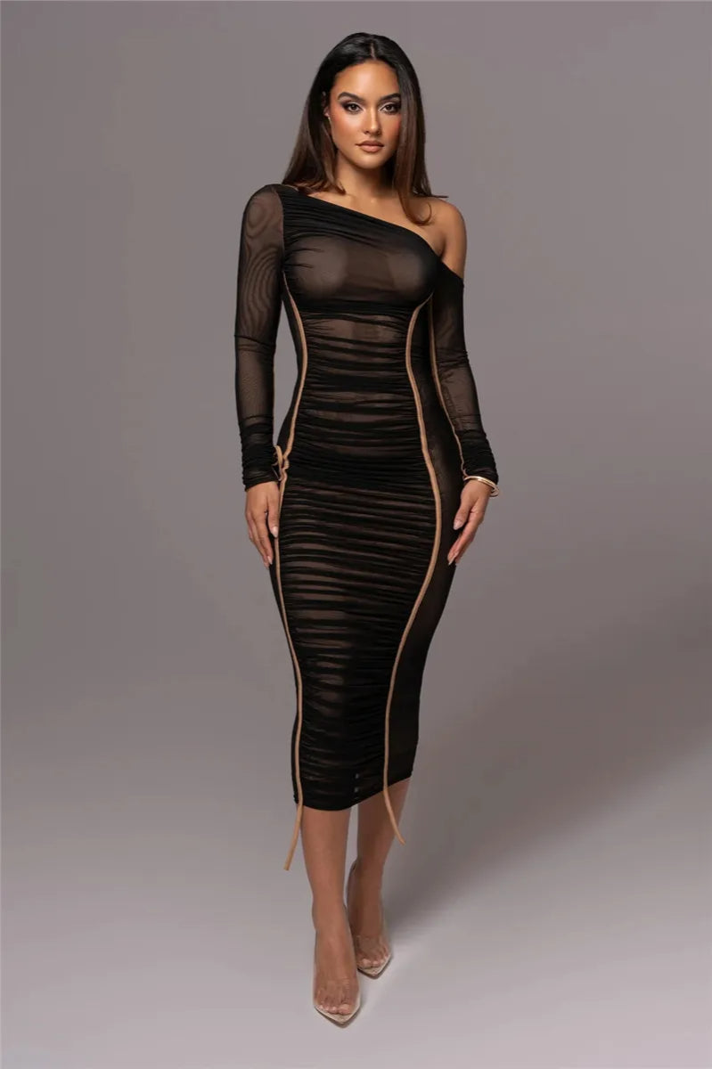 Diagonal Collar Mesh Midi Dress 9