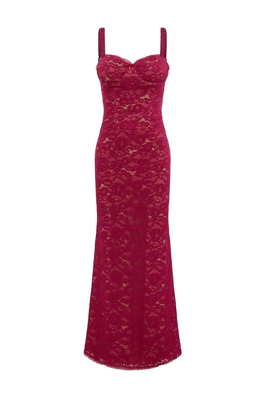 Sheer Lace Corset Bust Sweetheart Neck Cami Strap Maxi Dress 5