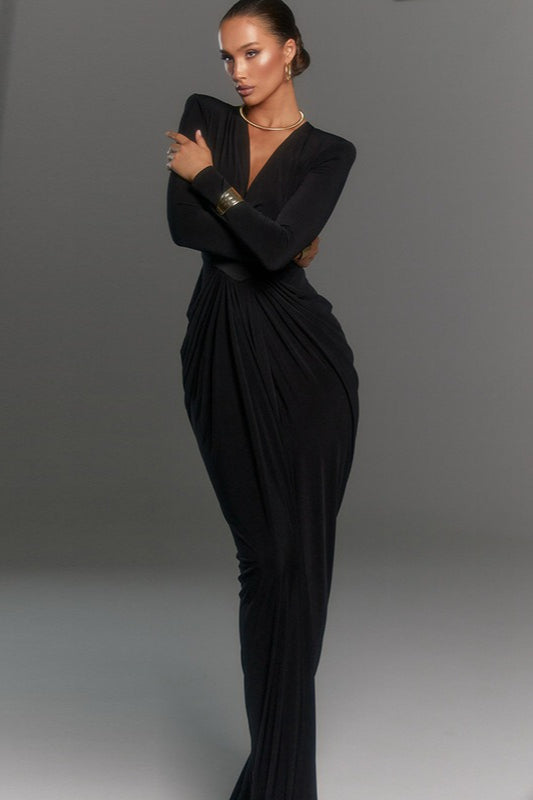 Deep V-Neck Padded Shoulder Long Sleeve Ruched High Split Gown