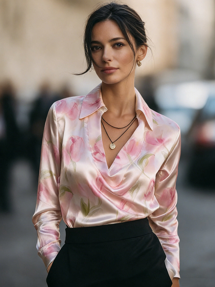 Floral Print Satin Collared Long Sleeve Blouse