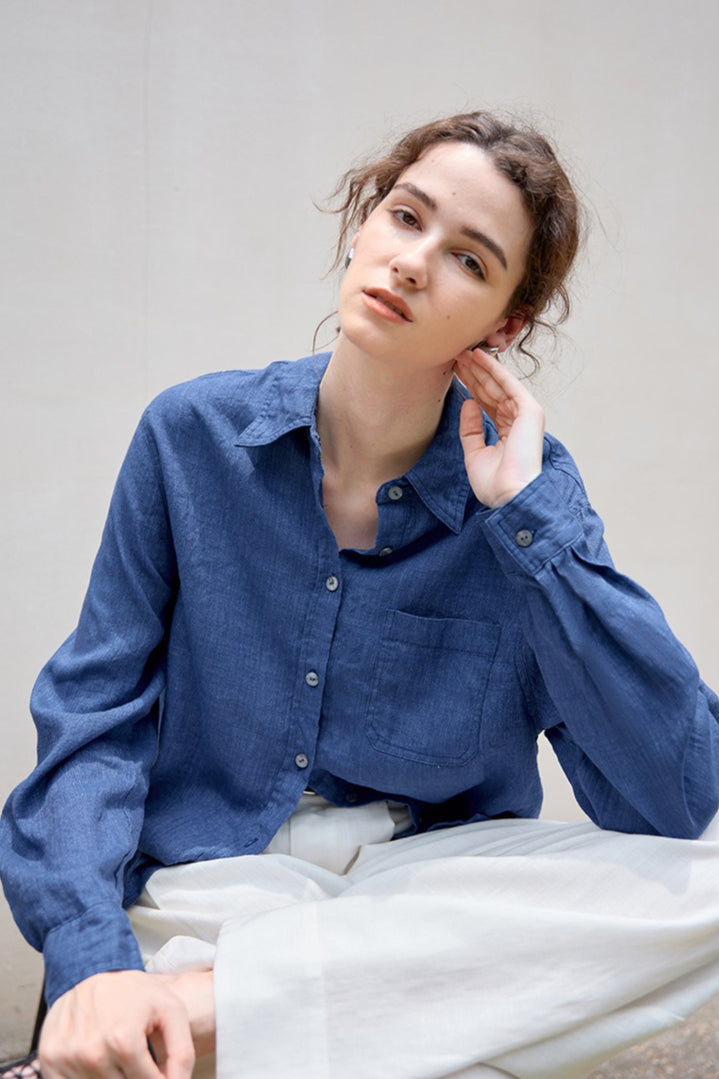 Linen Look Collared Long Sleeve Chest Pocket Button Front Shirt 3