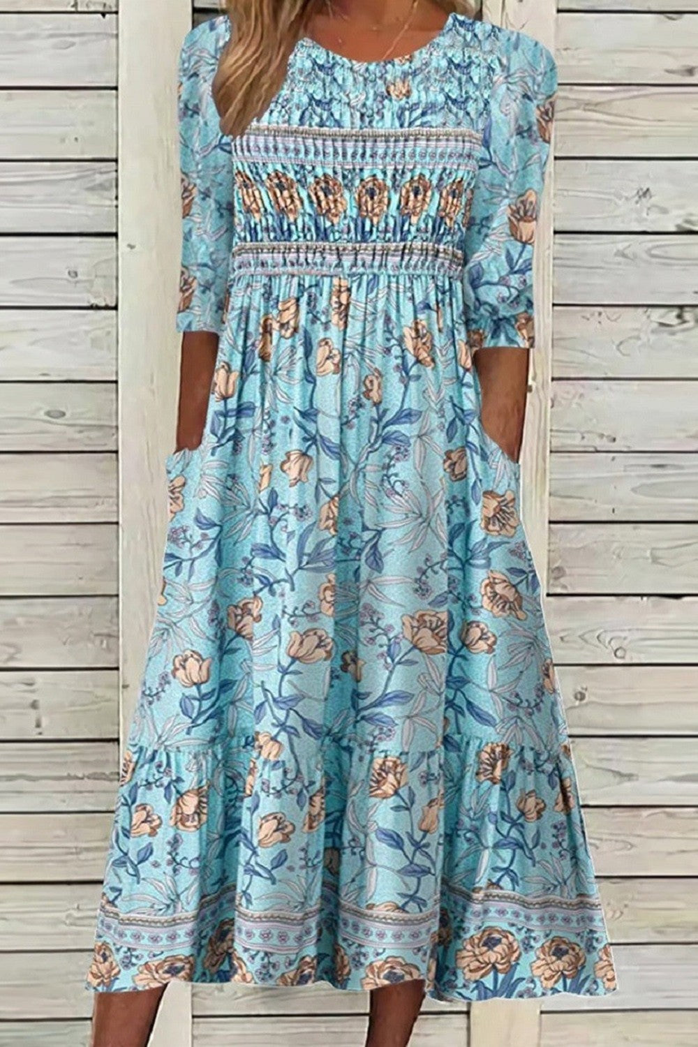 Floral Print Smocked Round Neck Tiered Midi Dress