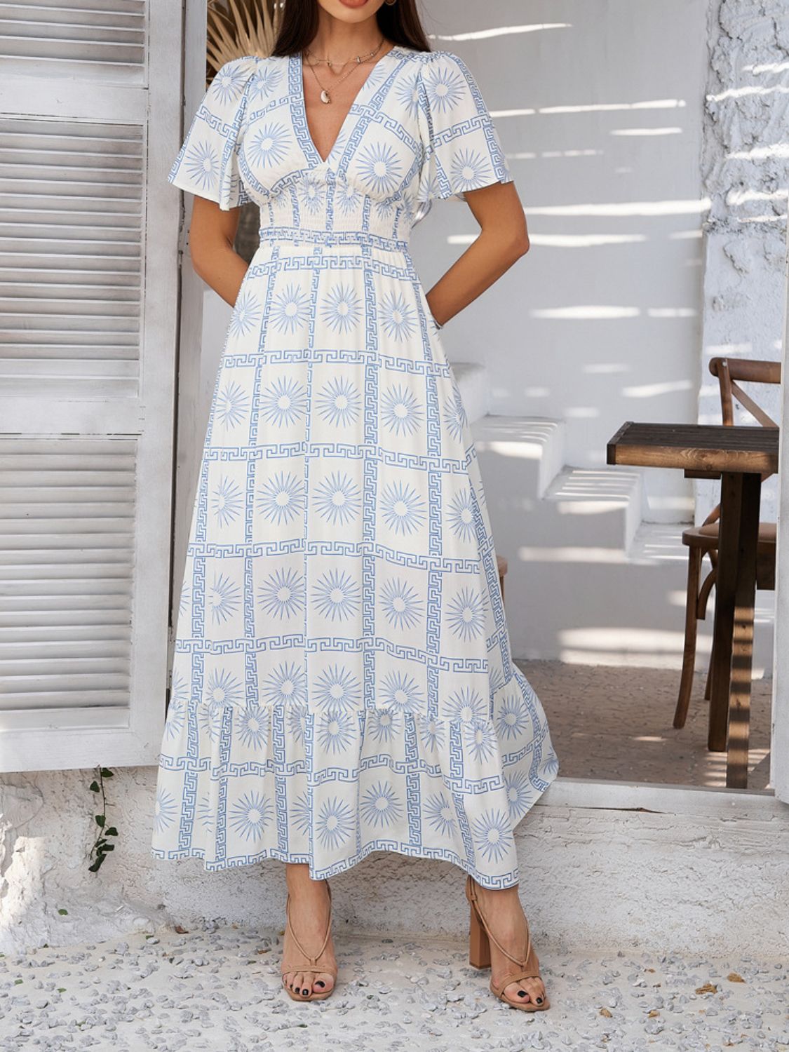 Geometric Tile Print V-Neck Short Sleeve Smocked Waist Ruffle Hem Maxi Dress 2