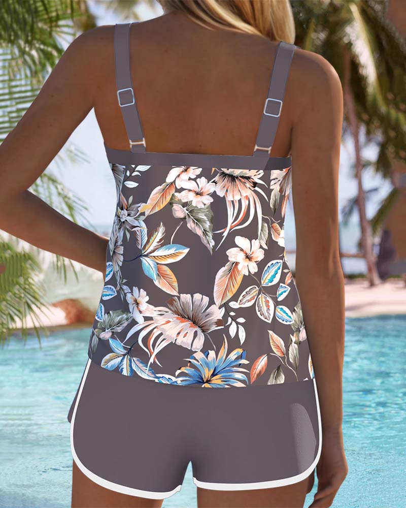 Tropical Floral Scoop Neck Tankini and Boyshort Swimsuit Set