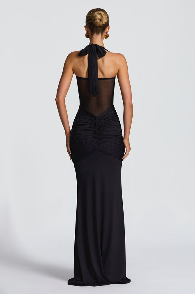 Halter Neck Twist Front Sheer Waist Mermaid Gown