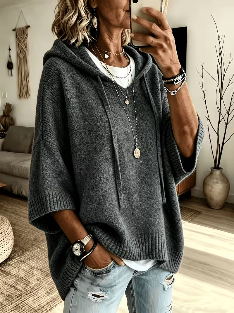 Hooded Drawstring Oversized Knit Poncho Sweater