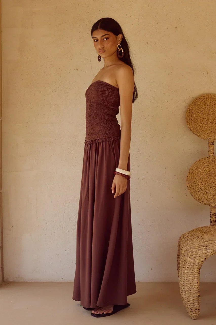 Strapless Shirred Bodice Drop Waist Maxi Dress 3