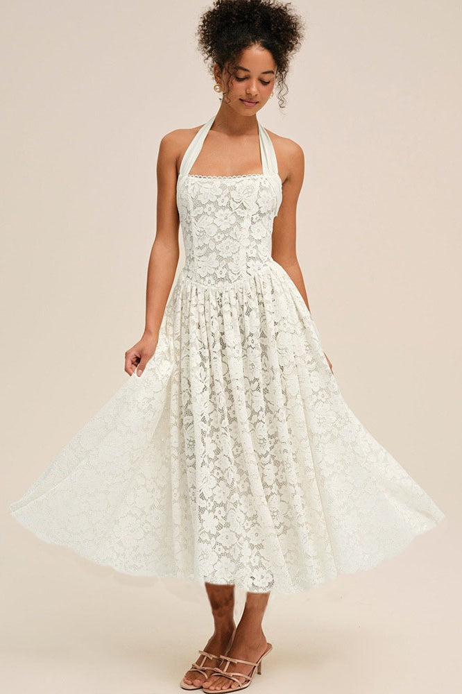 Halter Bandeau Backless Waist Cinched Solid Lace Dress
