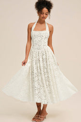 Halter Bandeau Backless Waist Cinched Solid Lace Dress