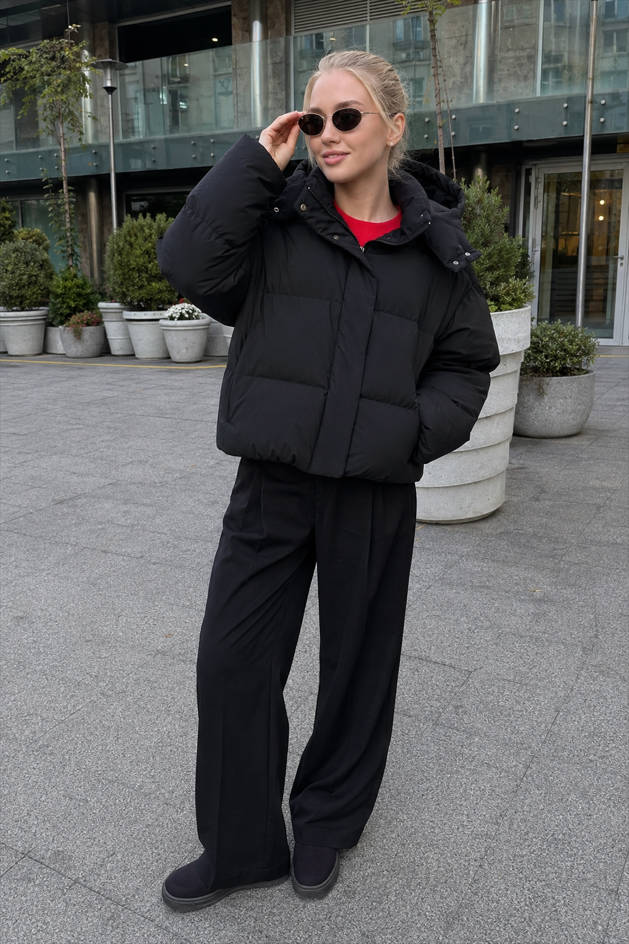 Hooded Snap Front Cropped Oversized Puffer Jacket 2