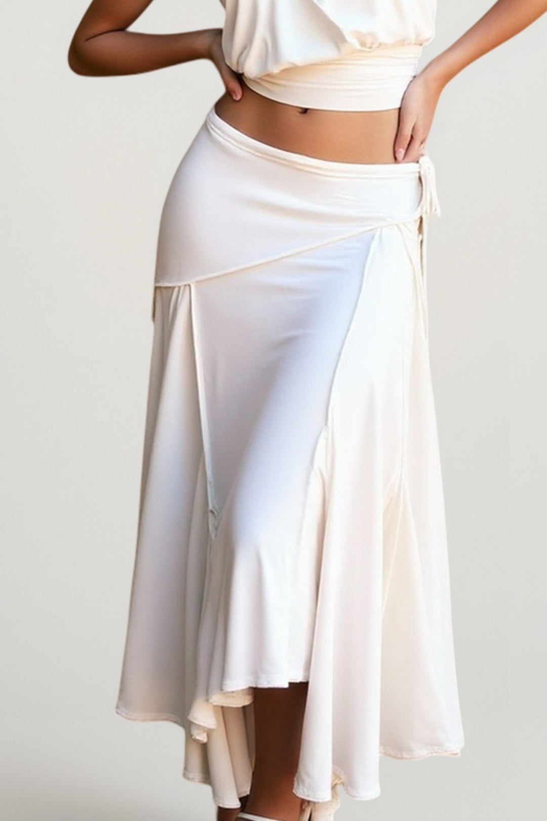 Side Tie Wrap Waist Godet Panel Asymmetric Hem Midi Skirt