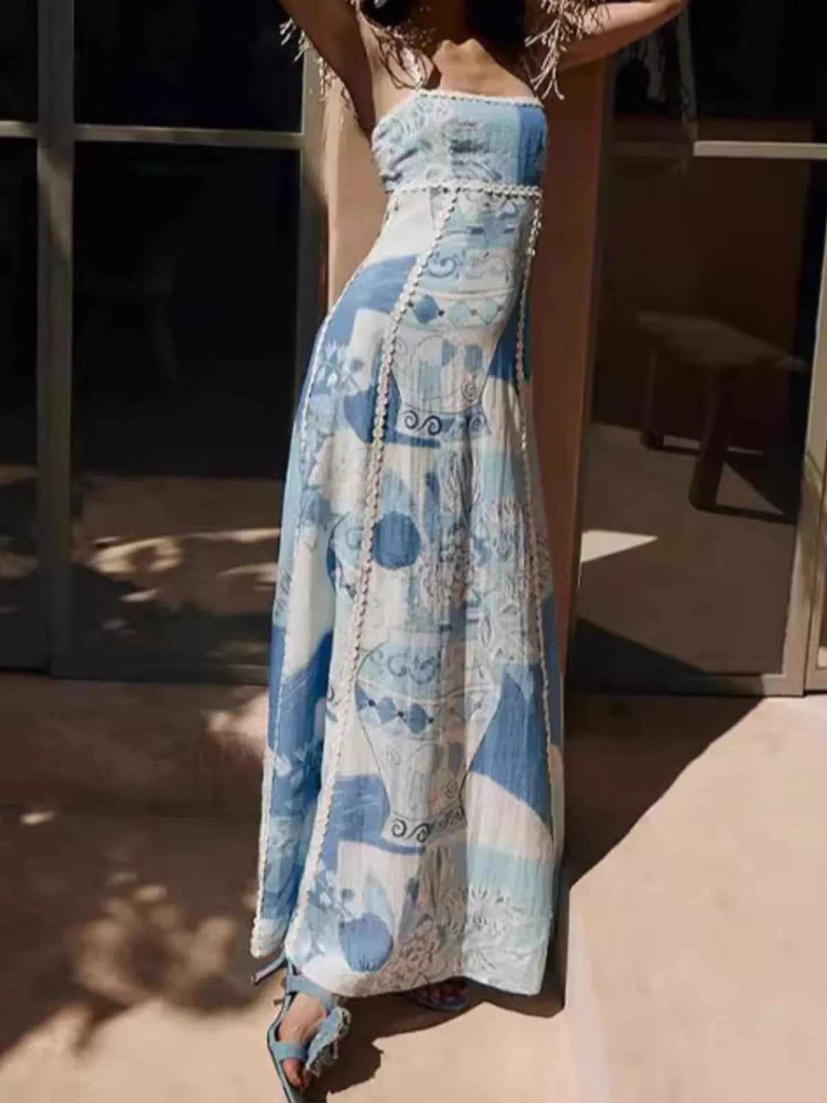 Tile Print Square Neck Cami Lace Trim Maxi Dress