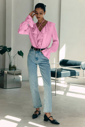 Ruffle Trim V Neck Blouse