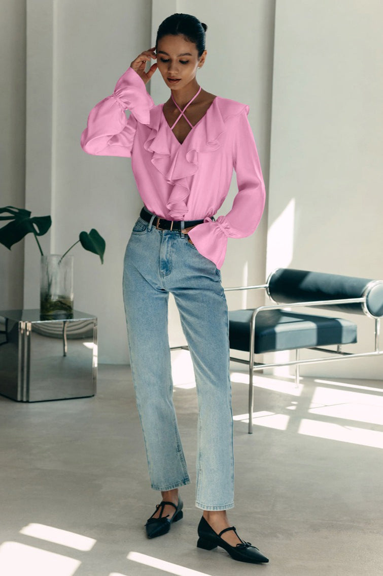 Satin Ruffle V-Neck Cross Strap Flounce Cuff Long Sleeve Blouse 2
