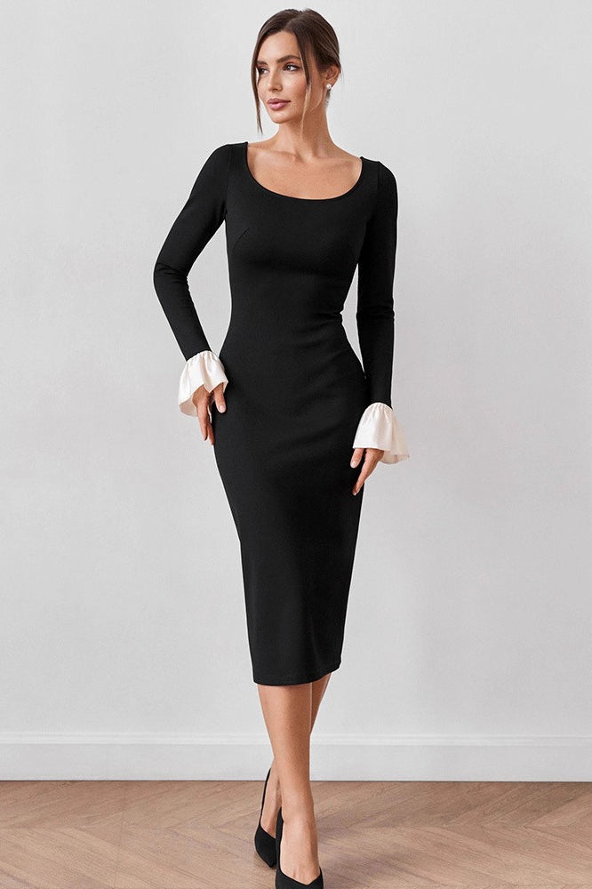 U Neck Lace Panel Midi Dress