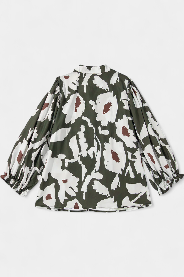 Abstract Floral Notch Neck Puff Sleeve Peplum Blouse