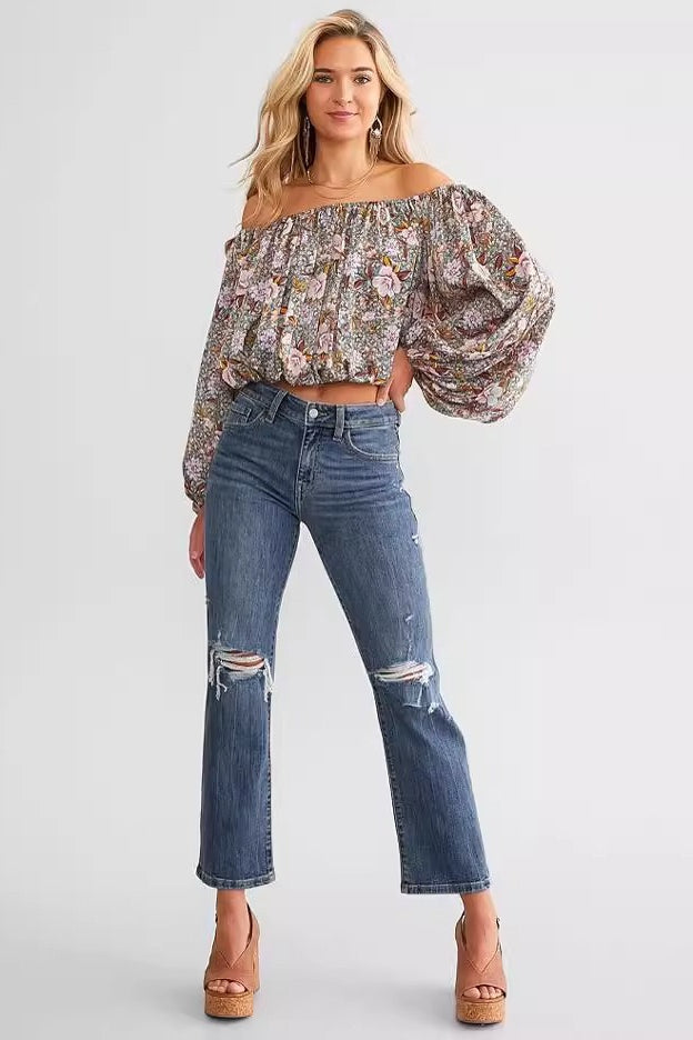 Vintage Distressed Stretch Slim Straight Denim Jeans