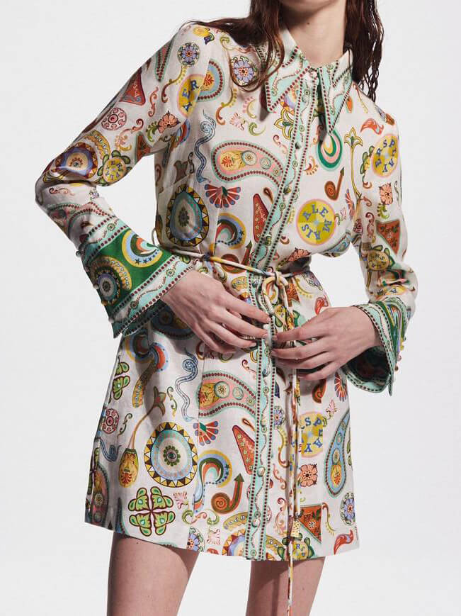 Paisley Print Pointed Collar Bell Sleeve Button Front Belted Mini Shirt Dress 2