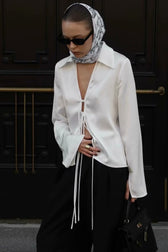 Acetate Satin Bow Tie V Neck Minimalist Long Sleeve Blouse