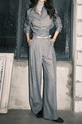 Tailored Twill Asymmetrical Cut Blouse Pants Two Piece Set