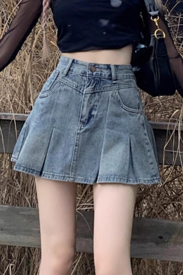 High Waist Washed Denim Box Pleated A-Line Mini Skirt