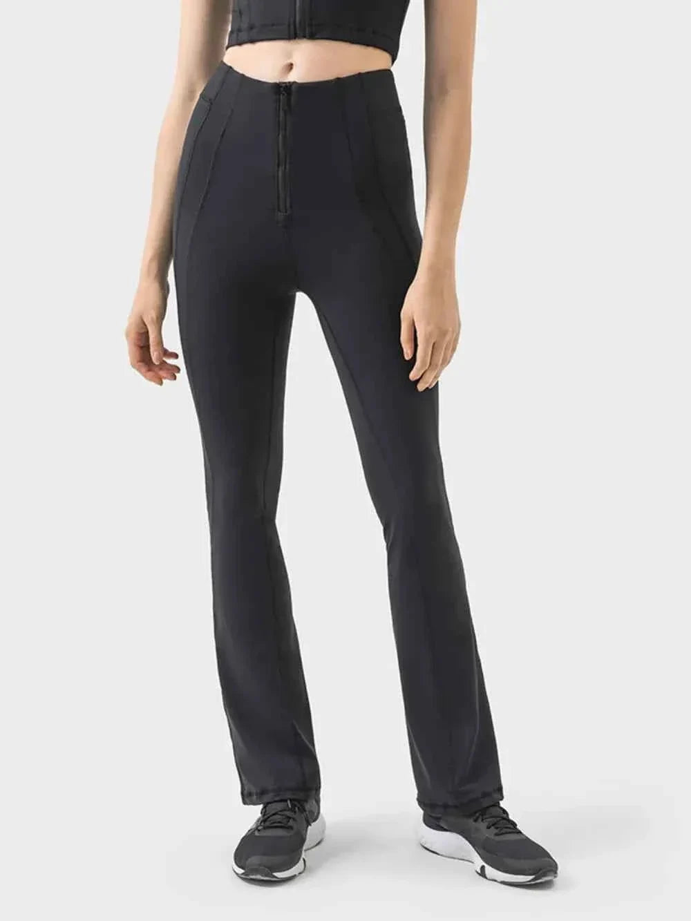 High Waist Zip Front Seam Detail Flare Active Pants