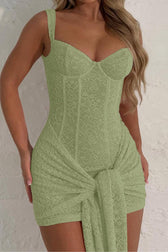 Lace V-Neck Spaghetti Insert Lace-Up Slim Lace Dress
