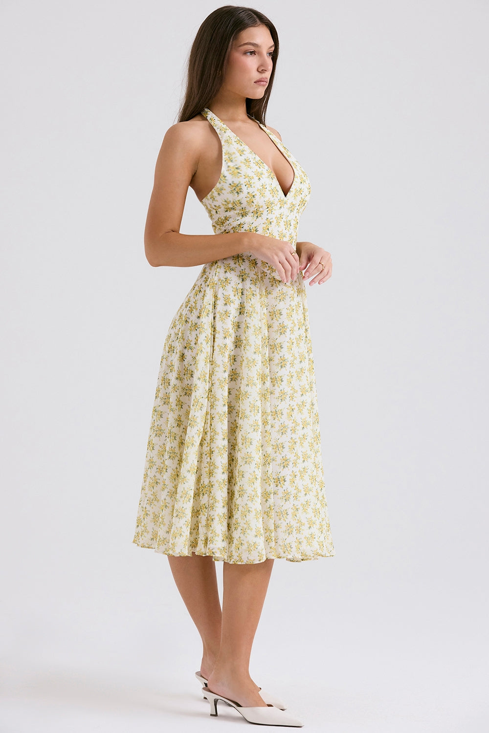 Ditsy Floral Halter Neck Plunge Fit and Flare Midi Dress 6