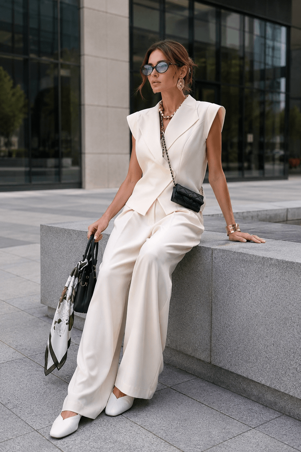 Sleeveless Lapel Two Piece Work Set
