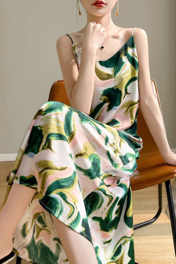 Printed V-Neck Satin Cami Maxi Silk Dress - View 4