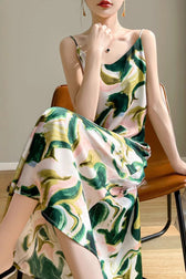 Printed V-Neck Satin Cami Maxi Silk Dress - View 4