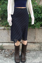 Stripe Print Sheer Mesh Knit Midi Skirt