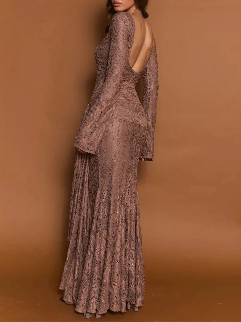 Lace Square Neck Long Sleeve Draped Knot Mermaid Maxi Dress 2