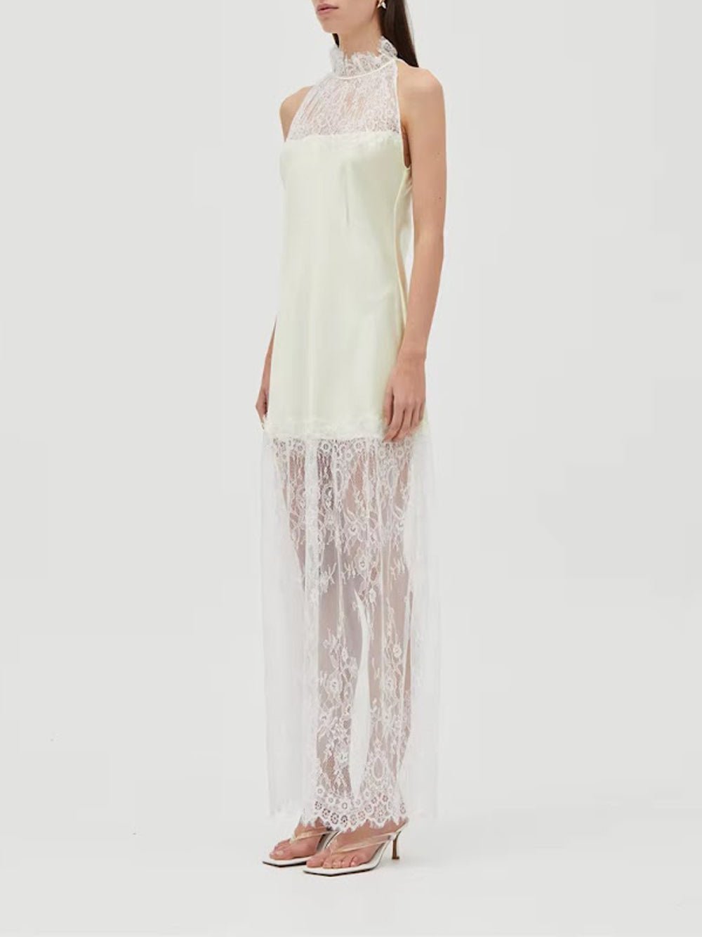 Halter Neck Satin Slip Sheer Lace Overlay Hem Maxi Dress 4