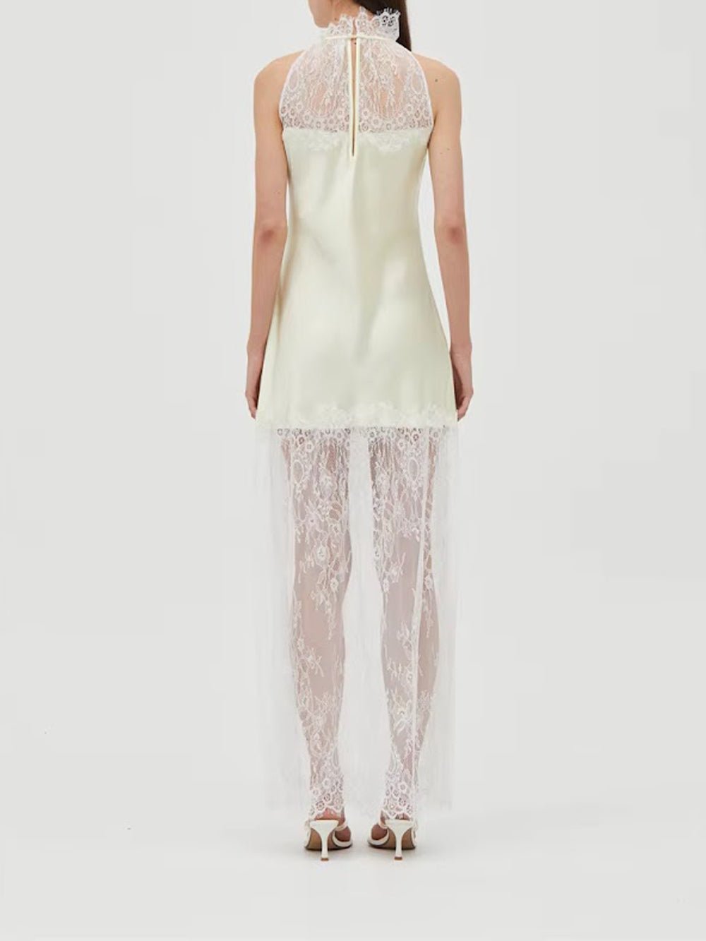 Halter Neck Satin Slip Sheer Lace Overlay Hem Maxi Dress 2