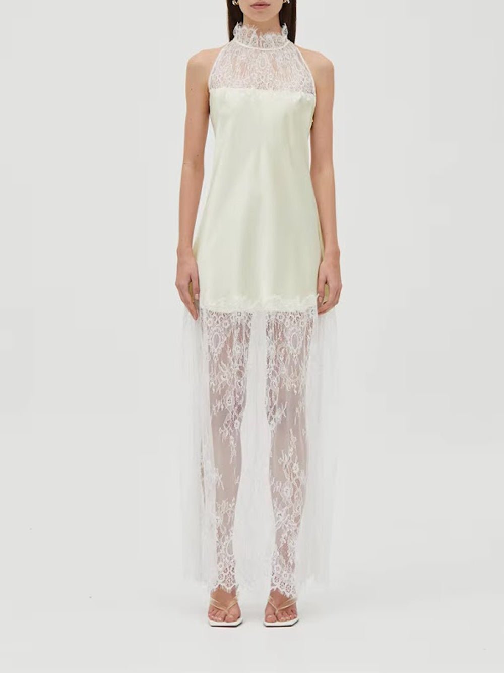 Halter Neck Satin Slip Sheer Lace Overlay Hem Maxi Dress