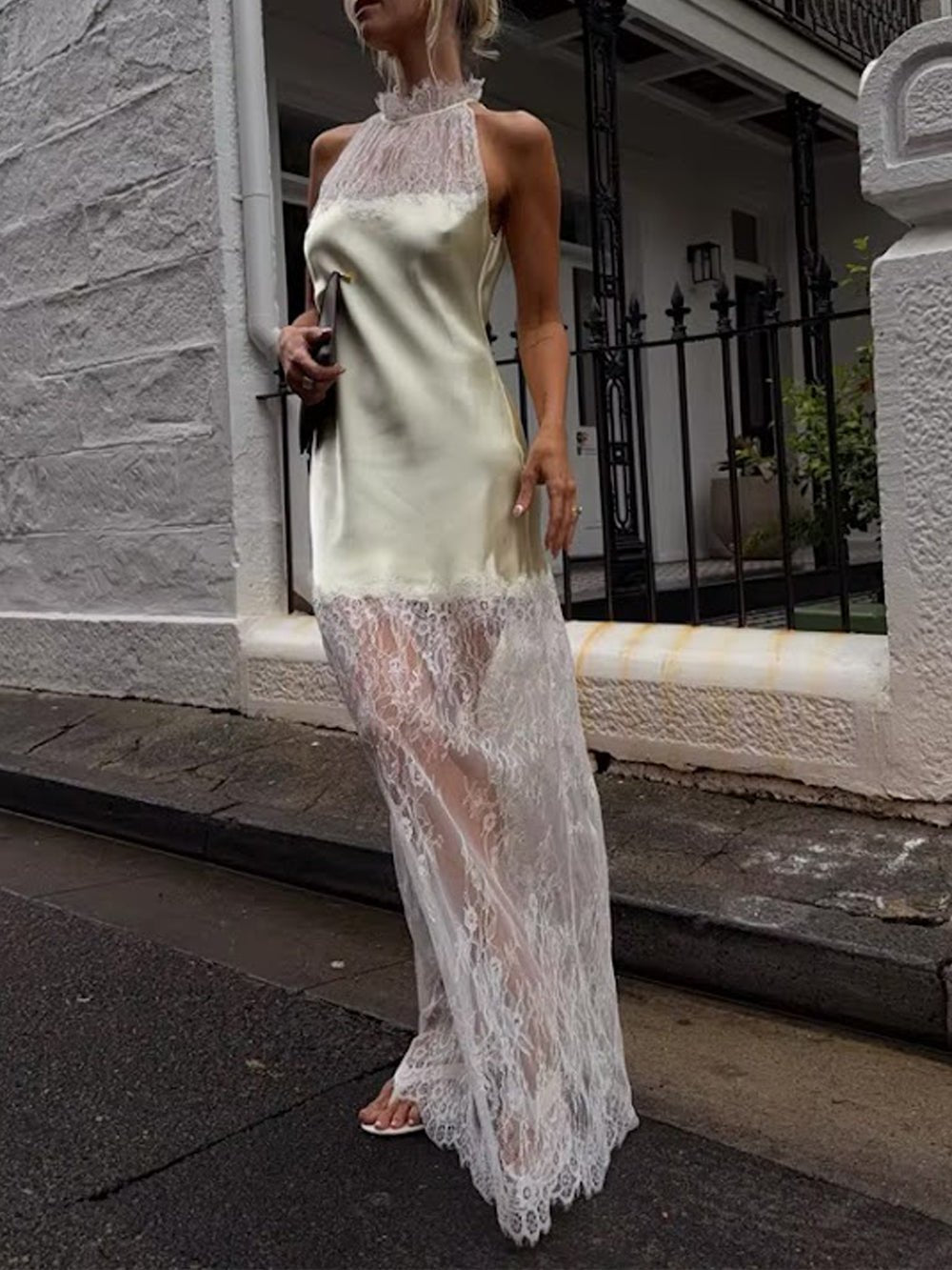 Halter Neck Satin Slip Sheer Lace Overlay Hem Maxi Dress 8
