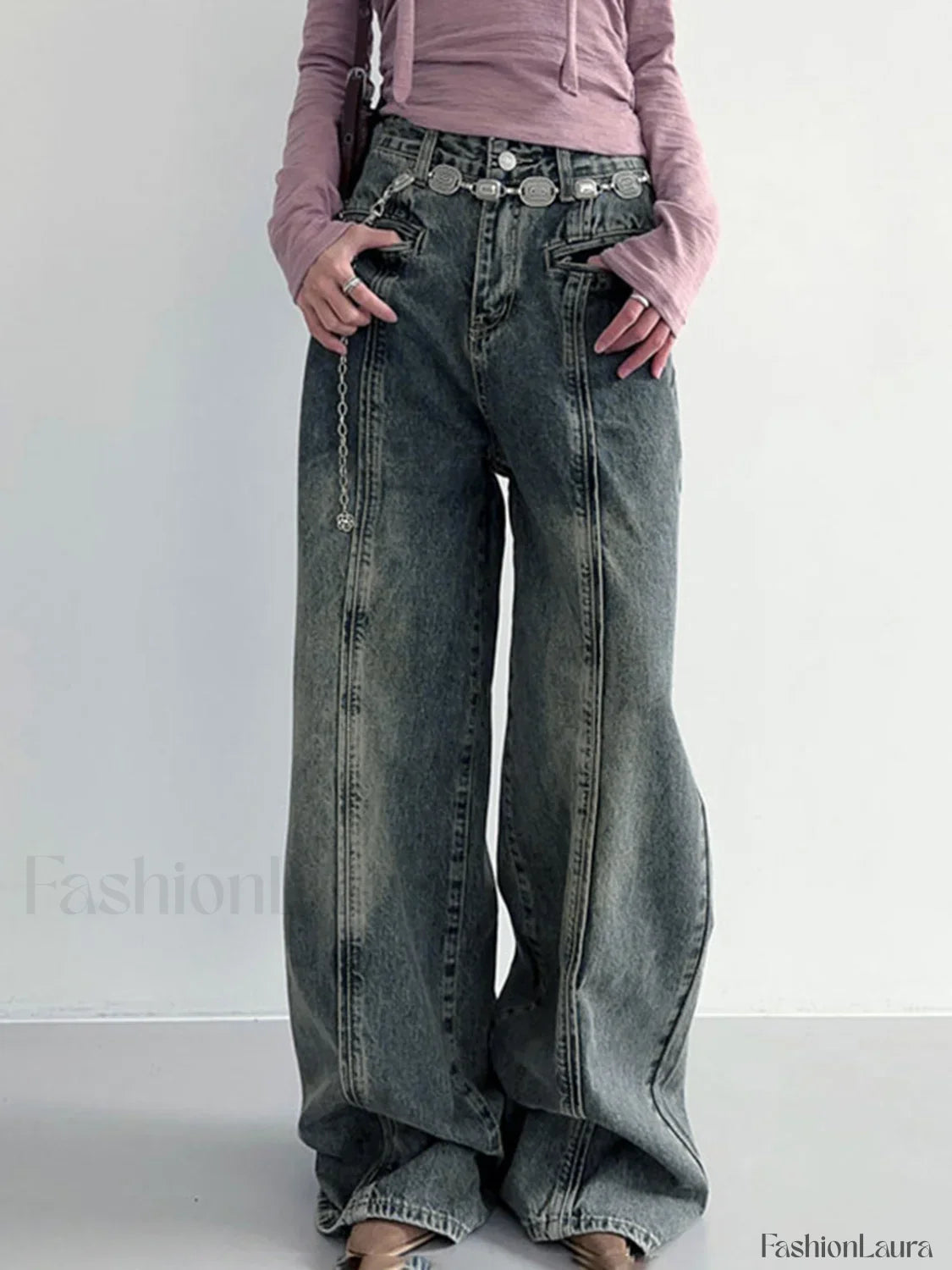 Center Stripe Wide Trendy Leg Jeans Without Belt