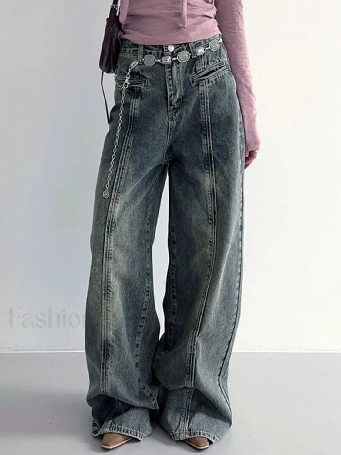 Center Stripe Wide Trendy Leg Jeans Without Belt